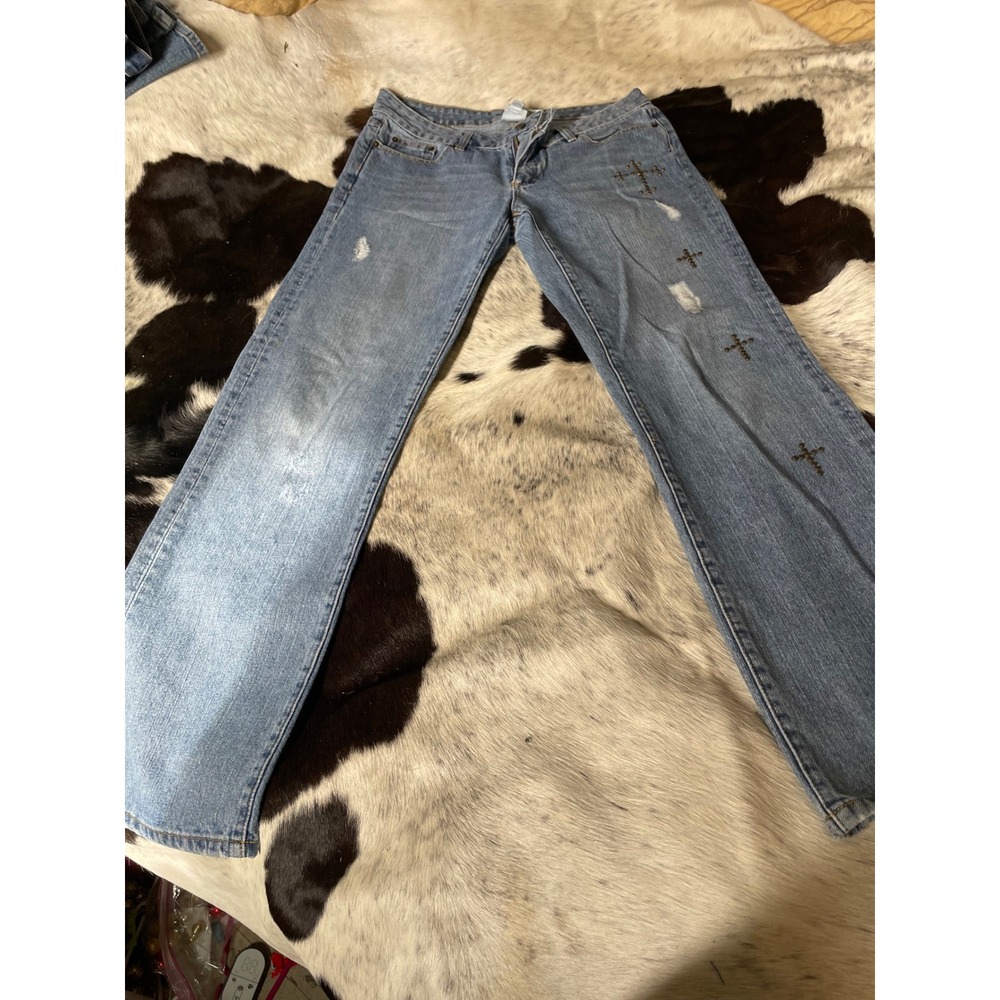 IVU Jane Jeans Y2K VTG Size 8 Light Wash Boot Cut Distressed Embellished Crosses - Picture 3 of 10